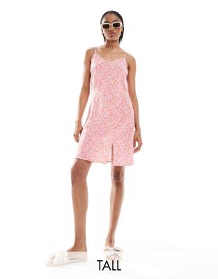 cami mini dress with split in pink floral print