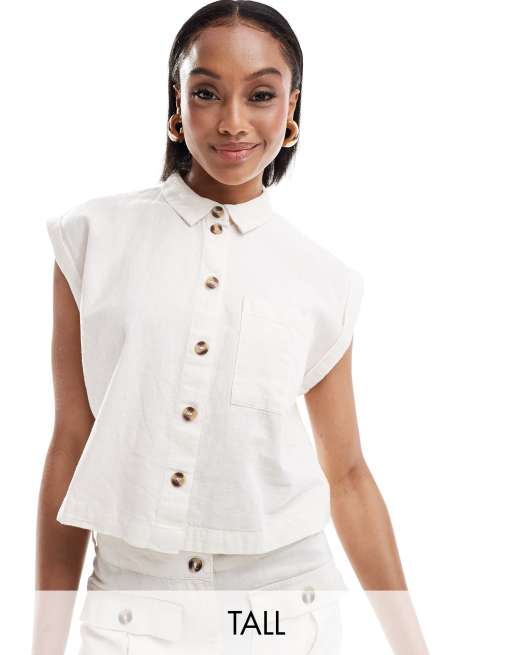 Vero Moda Tall - Camicia corta in lino bianco sporco in coordinato