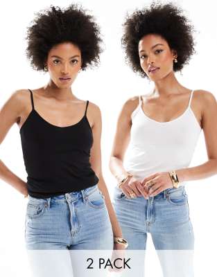 Thumbnail - Vero Moda Tall - Camisole-Oberteile aus Jersey in Schwarz und Weiß im 2er-Pack-Bunt