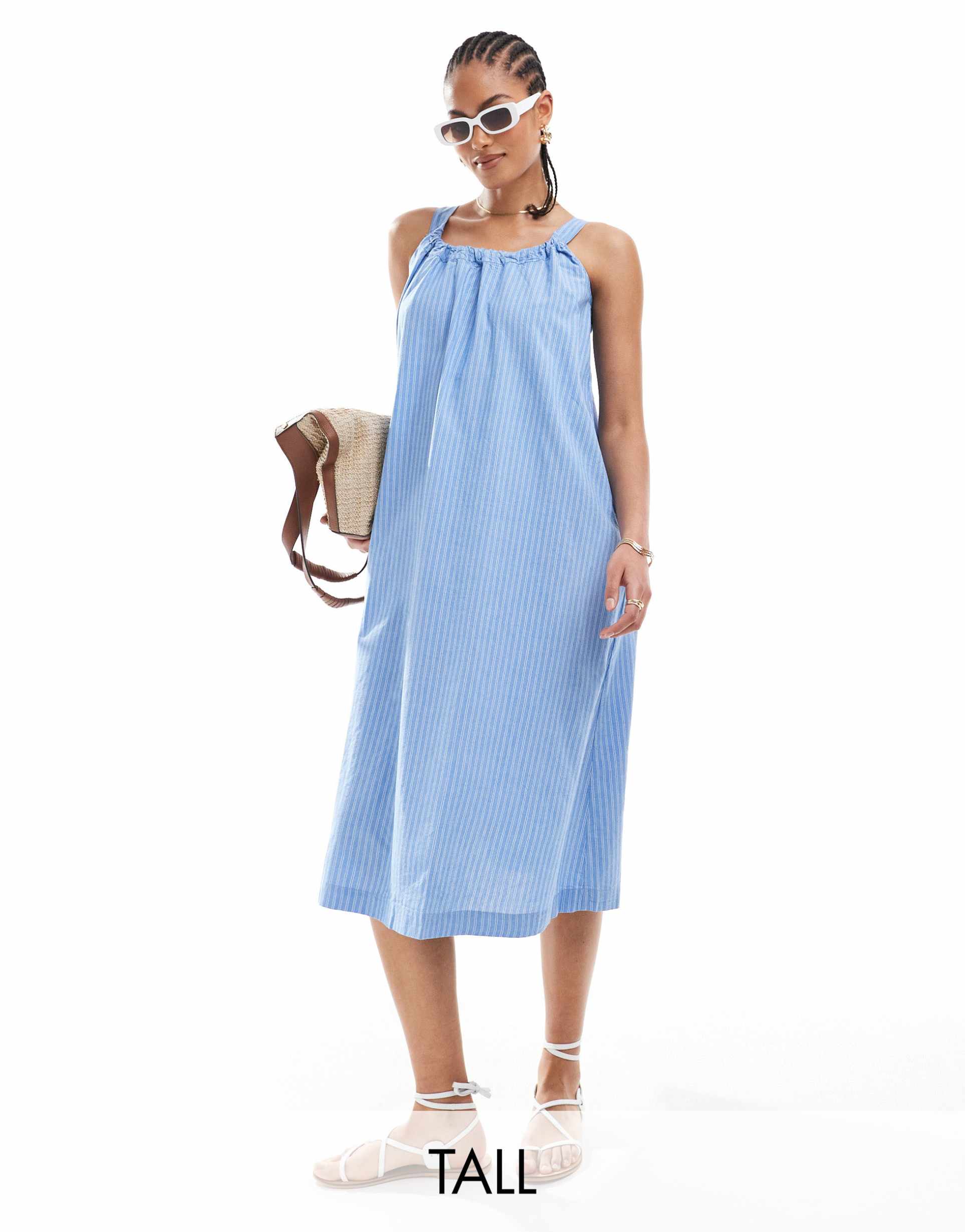 vero moda tall cotton ruched neck maxi dress in blue stripe