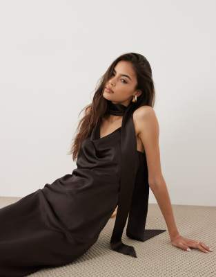 Vero Moda Tall Cowl Neck Satin Cami Midi Dress With Scarf Detail In Brown