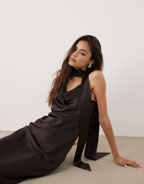 Vero Moda Tall cowl neck satin cami midi dress with scarf detail in chocolate brown - view 1