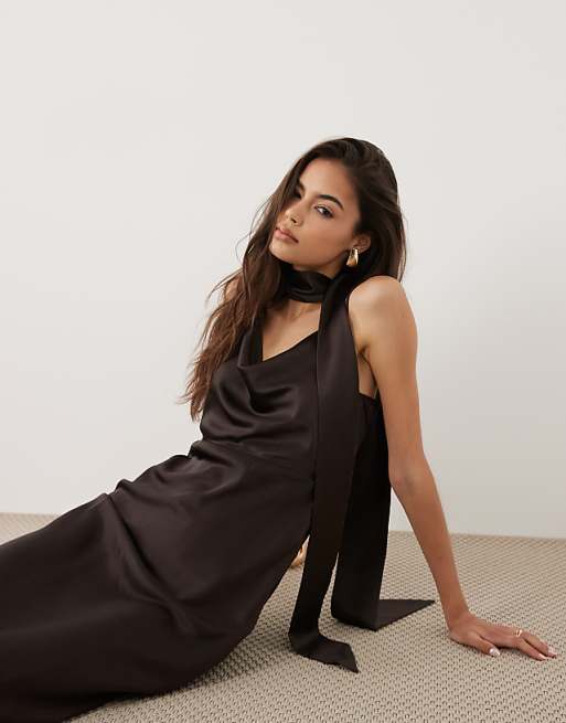 midi cowl neck satin dress Teal Strappy Gathered Skirt AX Paris US Fabric has no stretch Blue Satin Cowl Neck Backless