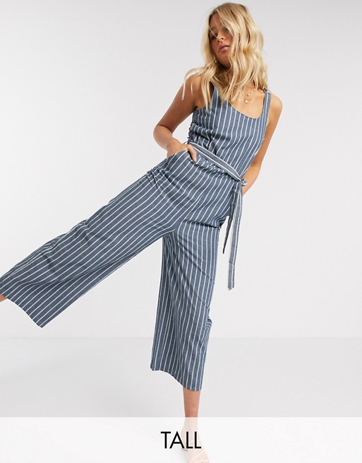 Vero Moda Tall culotte jumpsuit with tie waist in blue stripe