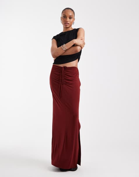 Vero Moda Tall slinky ruched front maxi skirt in burgundy