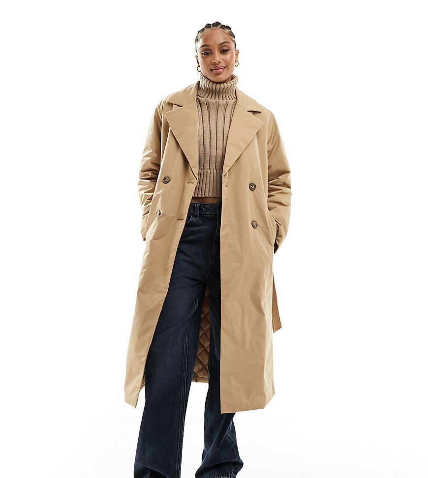 Vero Moda Tall double breasted longline trench coat with quilted liner in stone-Neutral
