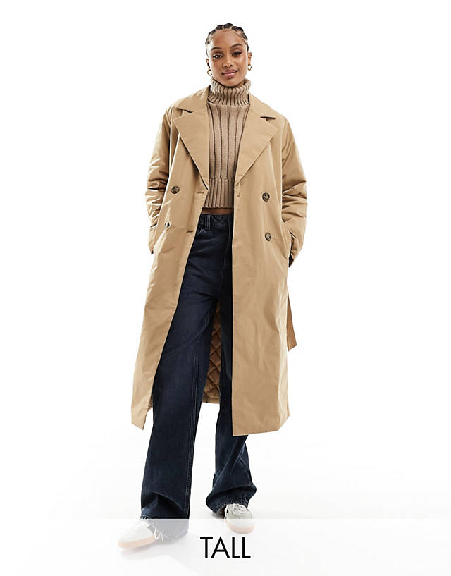 Vero Moda Tall - double breasted longline trench coat with quilted liner in stone