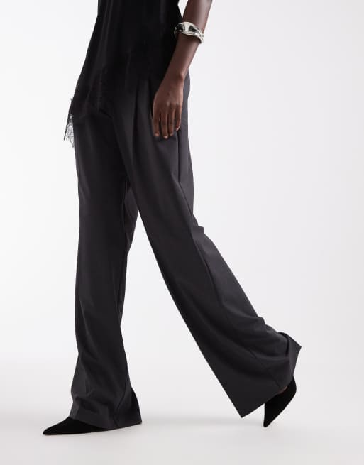 Vero Moda Tall double pleat front wide leg pant in dark grey melange, 4 of 5
