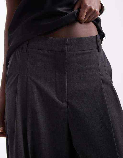 Vero Moda Tall double pleat front wide leg trouser in dark grey melange, 5 of 5