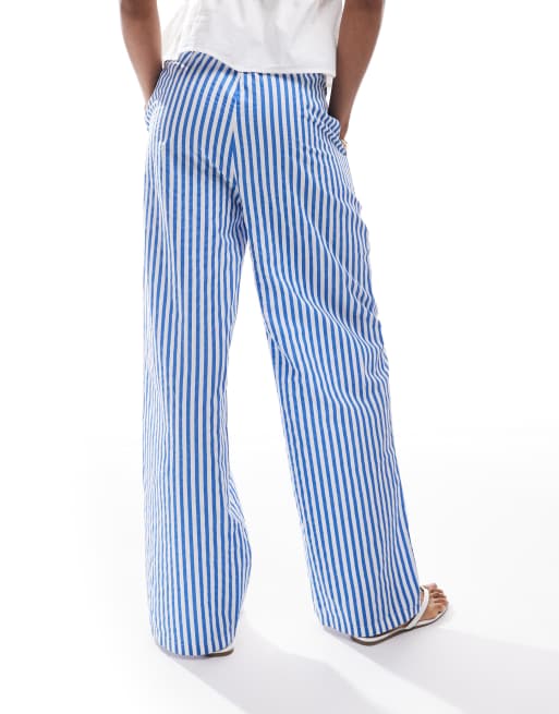 Vero Moda Tall double waistband detail wide leg pants in blue stripe, 3 of 5