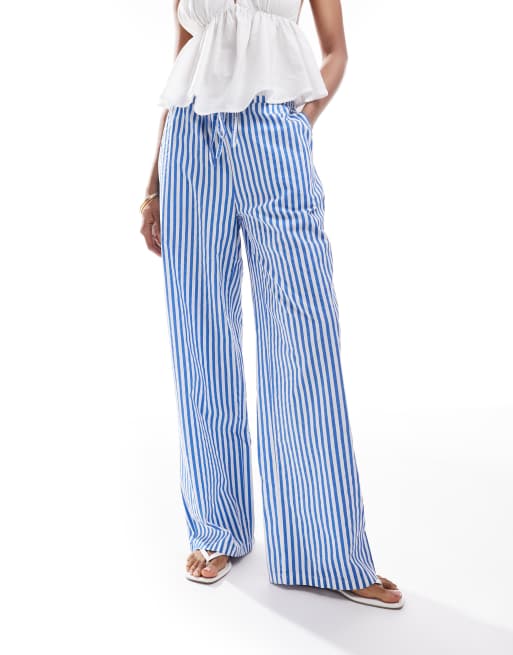 Vero Moda Tall double waistband detail wide leg pants in blue stripe, 4 of 5