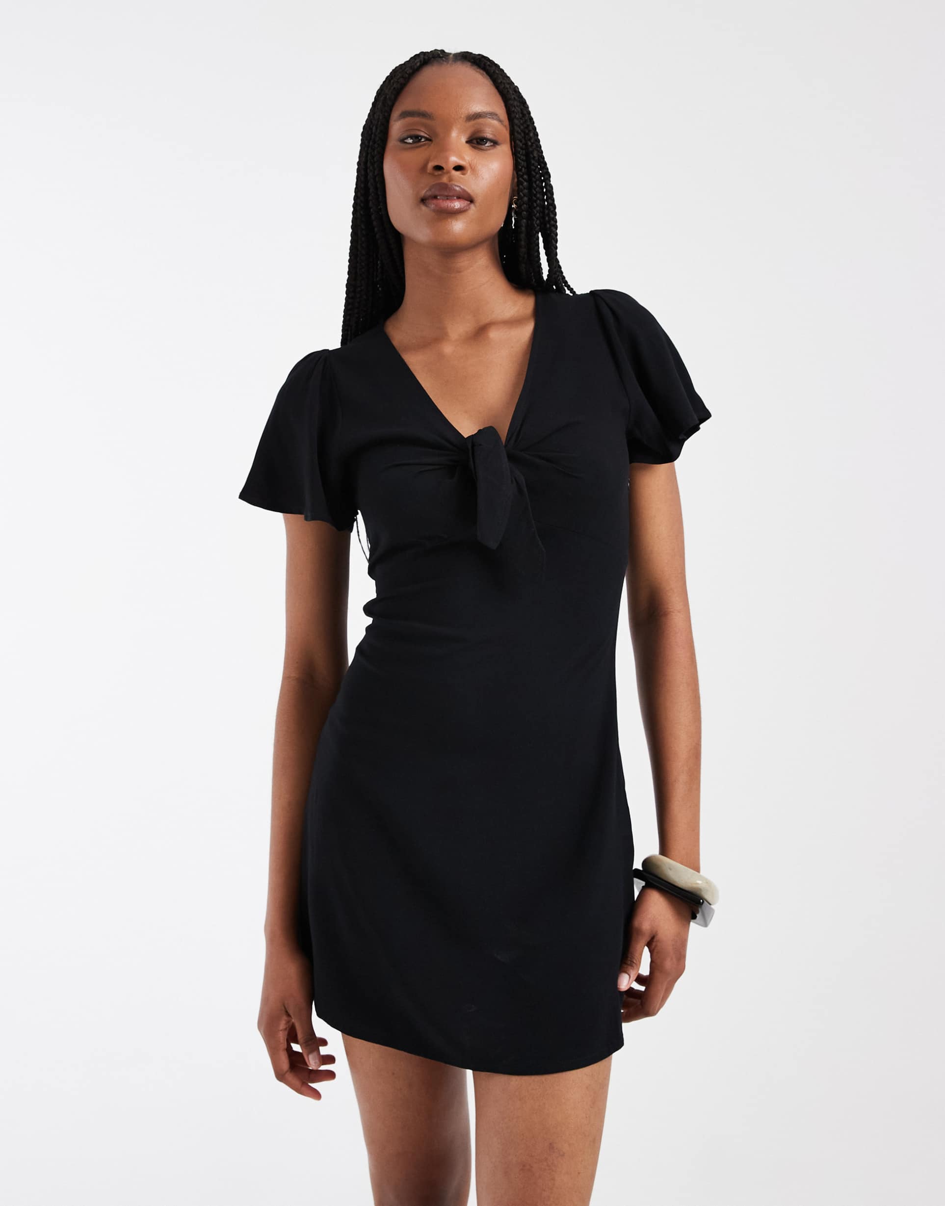 vero moda tall easy joy short sleeve bow front mini dress in black