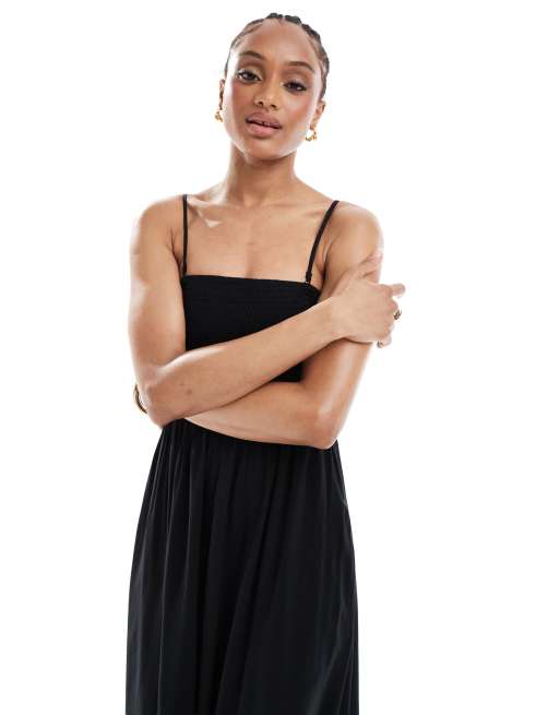 Vero Moda Tall - Easy - Vestito alla caviglia arricciato nero con spalline sottili, 4 di 4