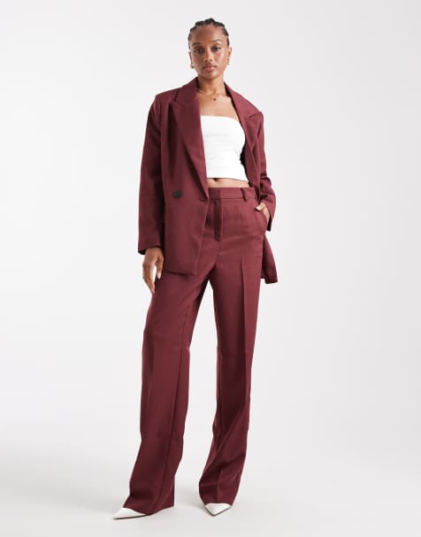 Vero Moda Tall - Elegante broek met wijde pijpen en visgraatmotief in bordeauxrood, deel van co-ord set - view 1