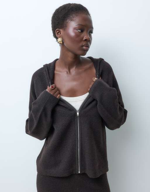 Vero Moda Tall ensemble 2 pièces à capuche en maille zippé devant, marron chocolat chiné, 2 de 5