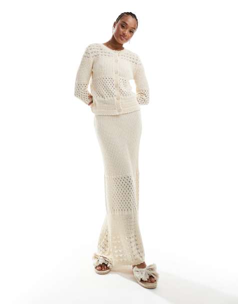 Vero Moda Tall - Ensemble en maille au crochet avec gilet et jupe - Crème - view 1