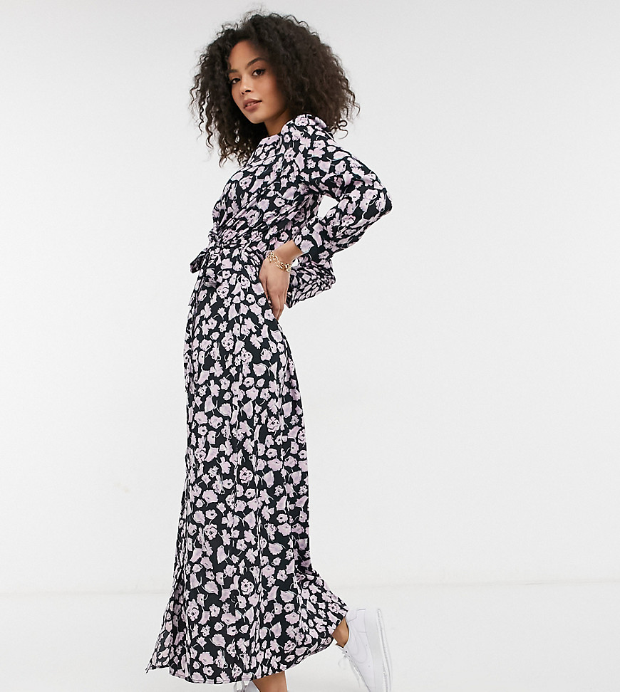 Vero Moda Tall exclusive maxi wrap dress in black and lilac floral-Multi