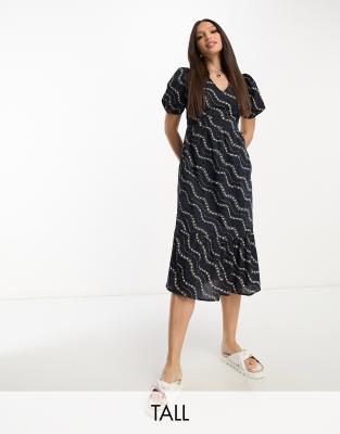 vero moda tall eyelet midi dress with bow back in navy floral