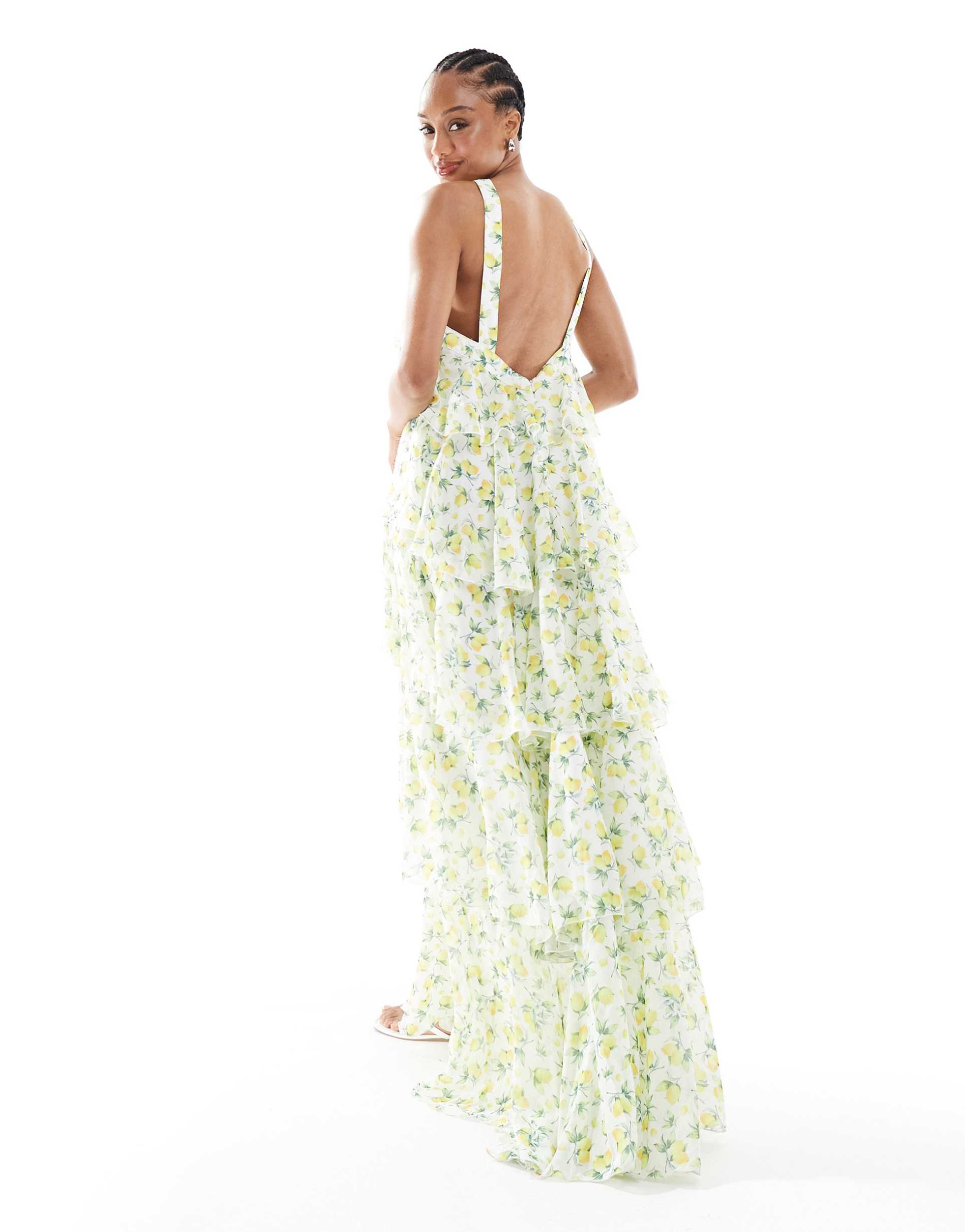 vero moda tall felicia halter neck tiered maxi dress with corsage detail in lemon print