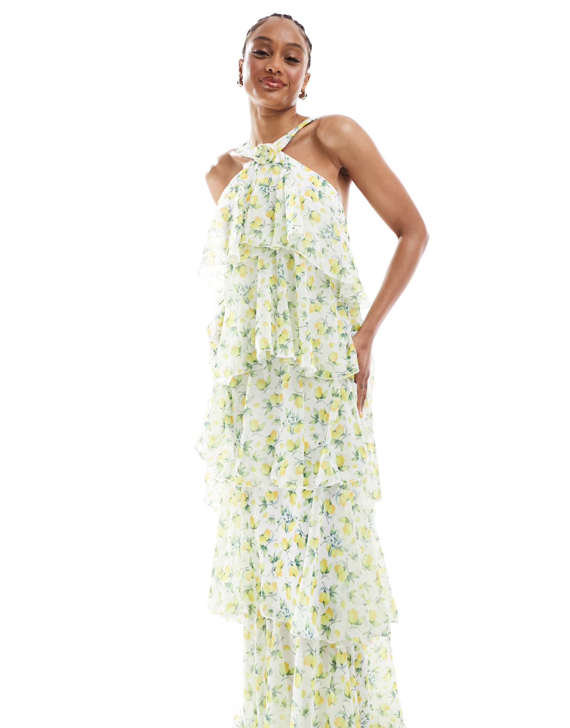 vero moda tall felicia halter neck tiered maxi dress with corsage detail in lemon print