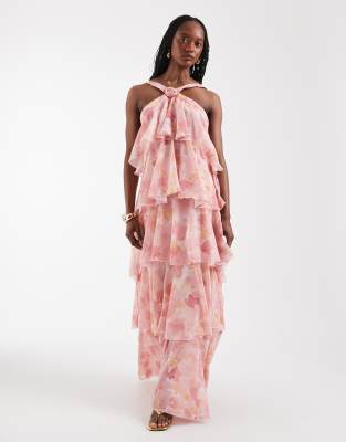 Vero Moda Tall Felicia Halter Neck Tiered Maxi Dress With Corsage Detail In Pink