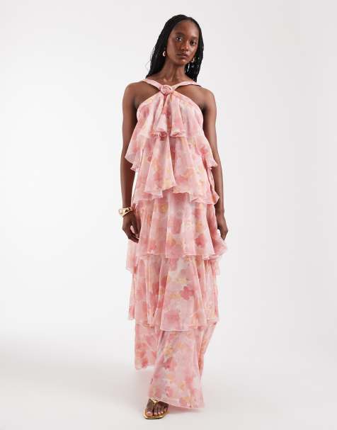 Vero Moda Tall - Felicia - Maxi jurk met halternek, stroken en corsage in roze aquarel bloemenprint - view 1