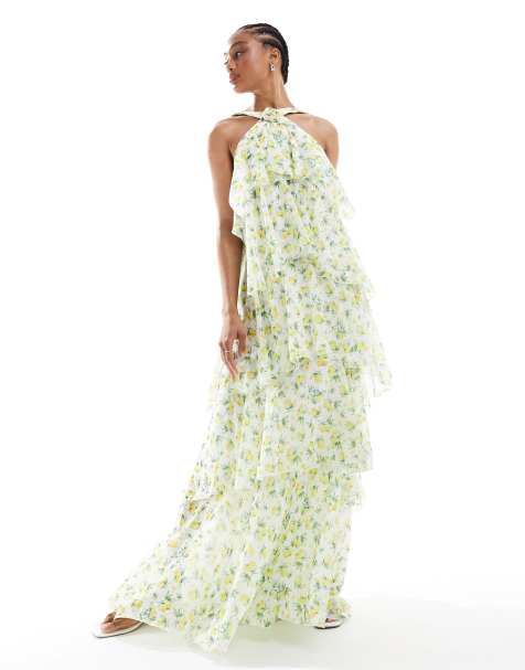Vero Moda Tall Felicia halter neck tiered maxi dress with corsage detail in lemon print