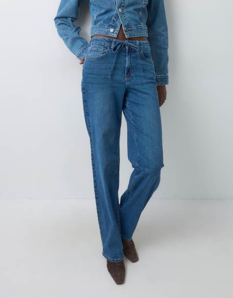 Vero Moda Tall Flora high rise straight leg jeans with belt in medium blue denim - view 1