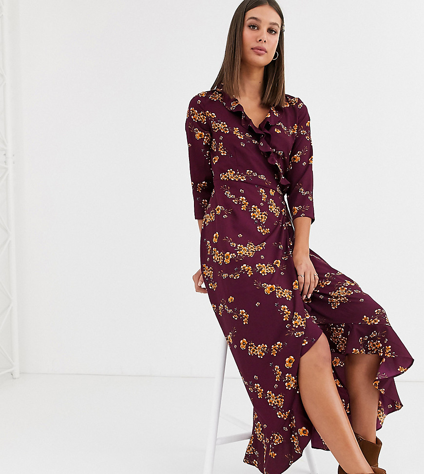 Vero Moda Tall floral ruffle wrap dress-Purple
