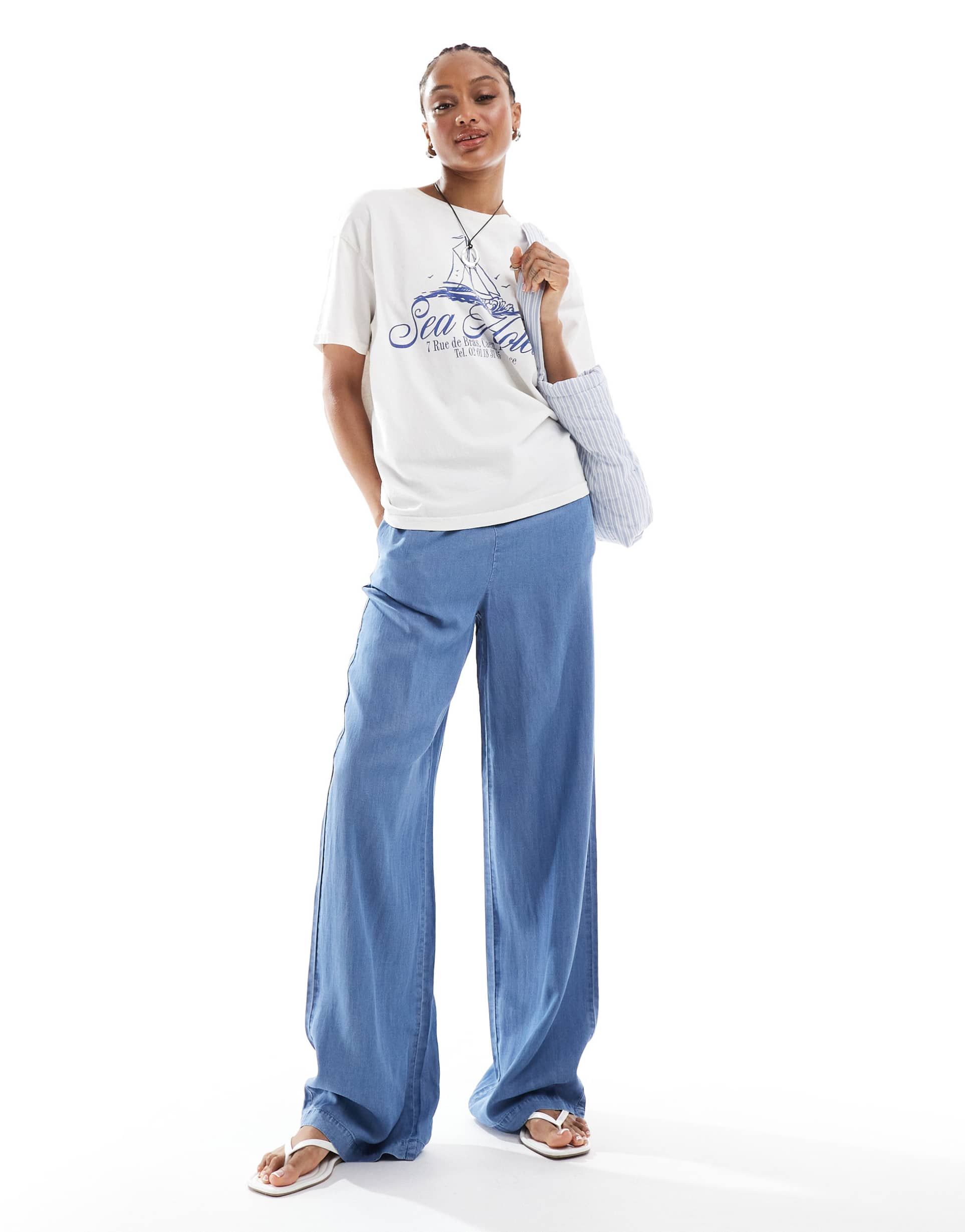 vero moda tall fluid wide leg pants in blue chambray