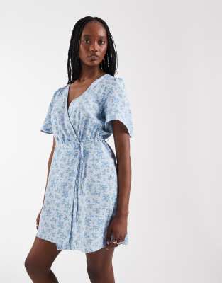 Vero Moda Tall Flutter Sleeve Wrap Front Mini Dress In Blue