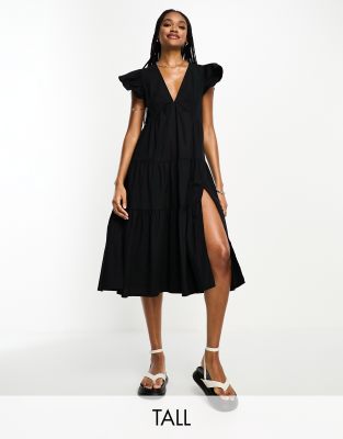 frill sleeve midi dress in black