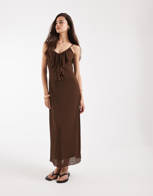 Vero Moda Tall frill trim cami midaxi dress in chocolate brown, 2 of 4