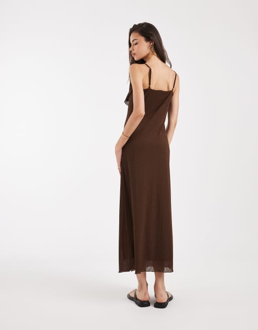 Vero Moda Tall frill trim cami midi dress in chocolate brown, 3 of 4