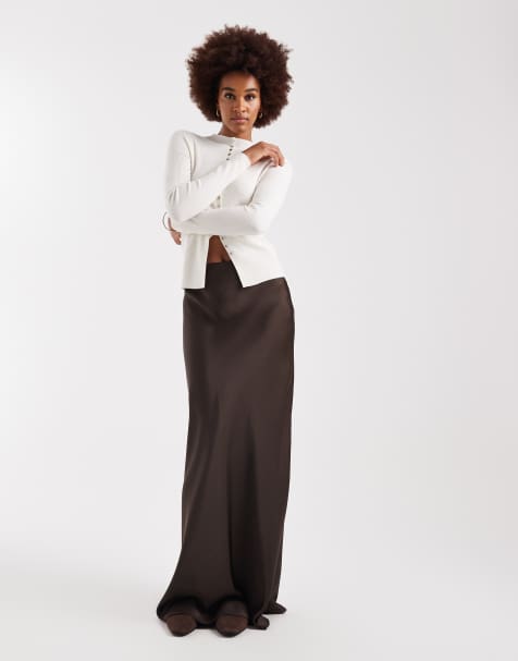 Vero Moda Tall - Gonna lunga marrone cioccolato in raso - view 1