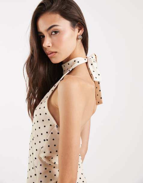 Vero Moda Tall – Gräddvit och svartprickig miniklänning med halterneck - view 1