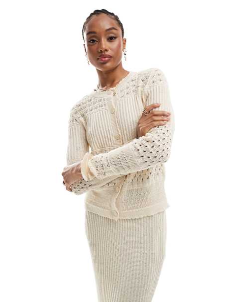 Vero Moda Tall – Gräddvit, virkad kofta med lapptäcksdesign, del av set - view 1