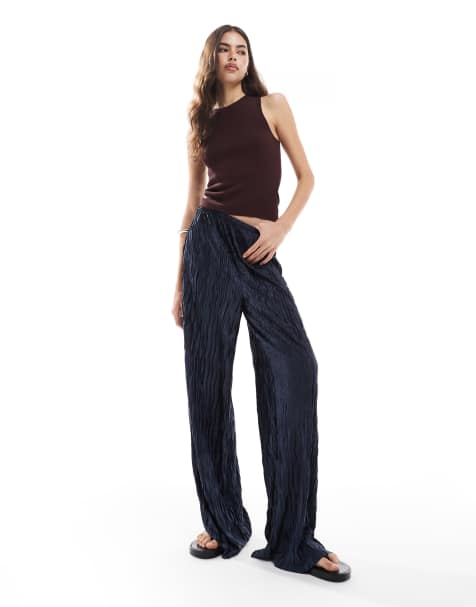 Vero Moda Tall textured plisse wide leg trouser in navy