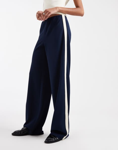 Vero Moda Tall – Granatowe wciągane spodnie o luźnym kroju z lampasami - view 1