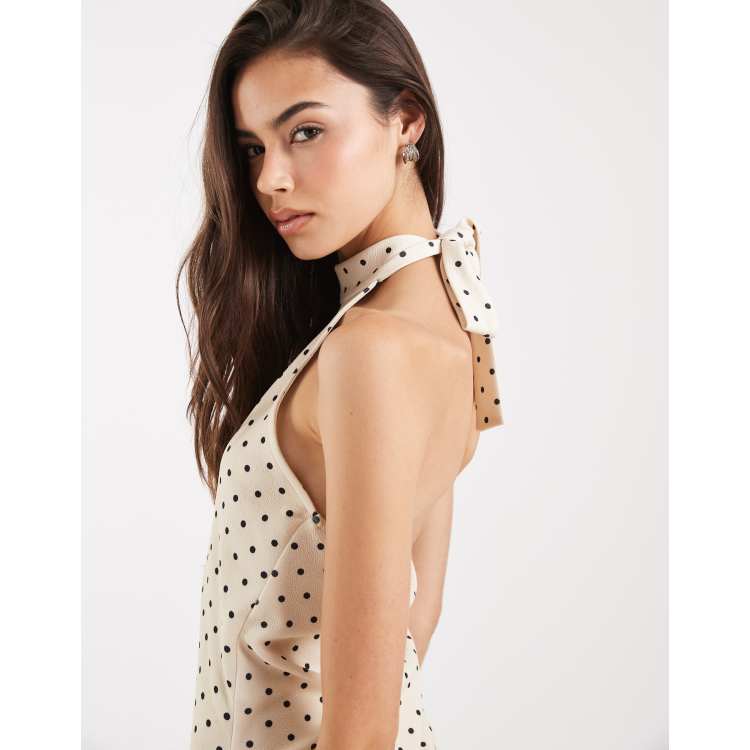 beige dress with black polka dots Beige Polka Dot Charmeuse Long Sleeve V Neck Midi Dress