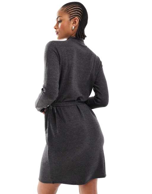 Vero Moda Tall high neck knitted mini dress with tie waist in black, 4 of 4
