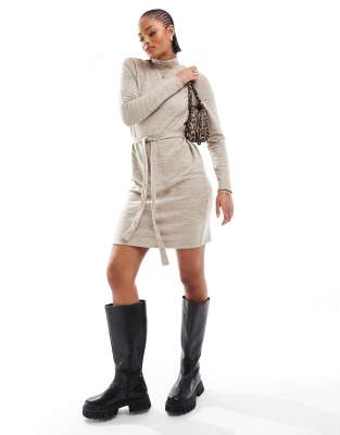 high neck knitted mini dress with tie waist in stone-Neutral