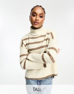 Vero Moda Tall high neck oversized stripe jumper in cream and brown