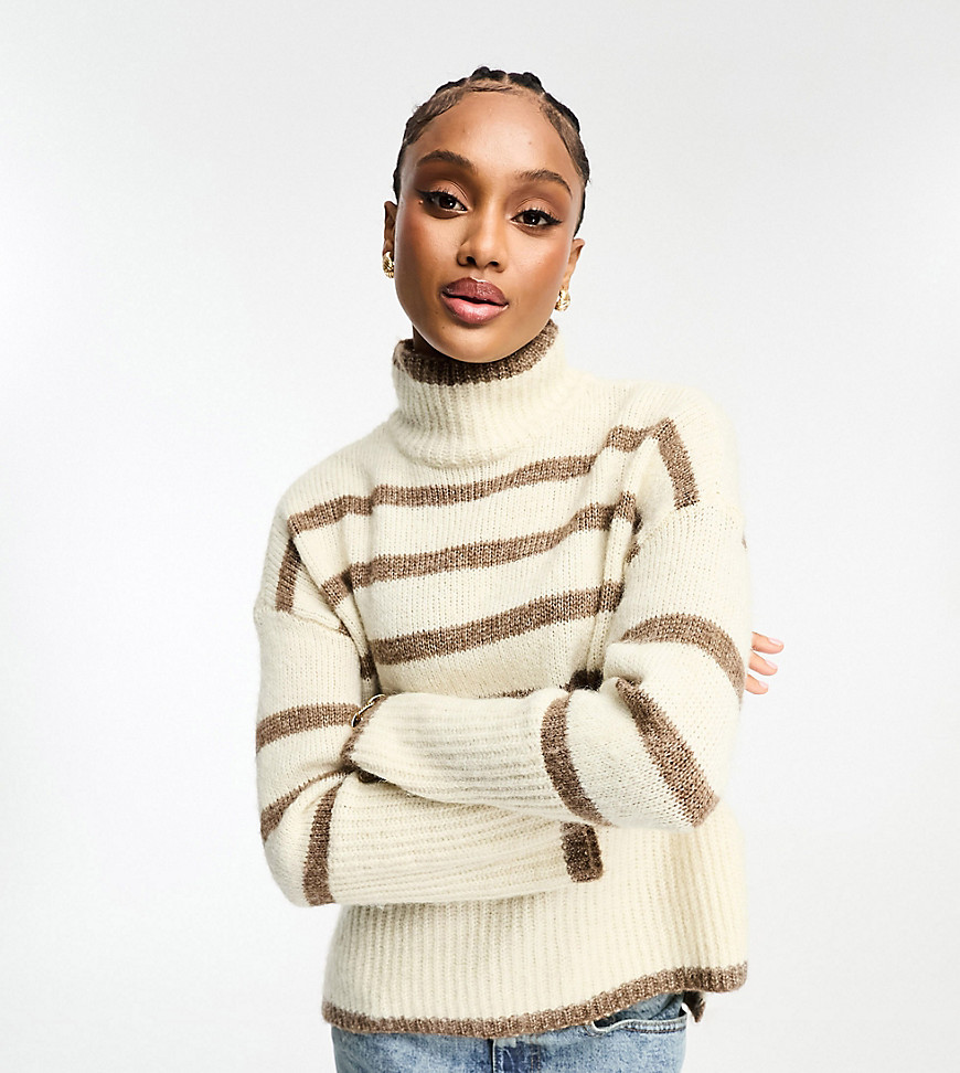 high neck oversized stripe sweater in cream and brown-White