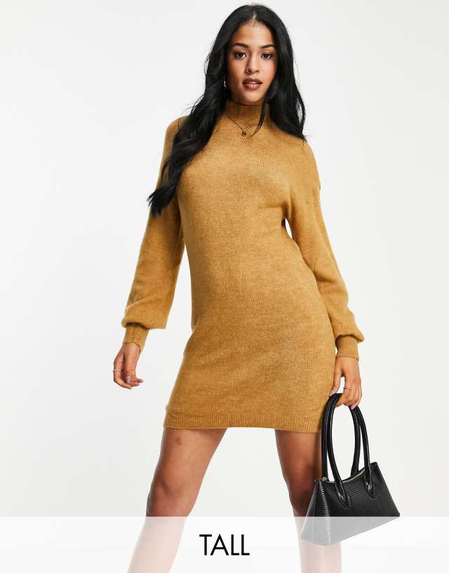 Vero Moda Tall high neck sweater dress in camel