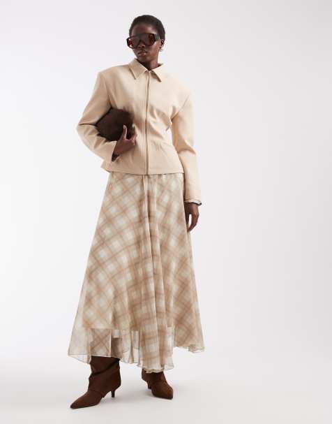Vero Moda Tall high waist asymmetric midi skirt in stone check - view 1