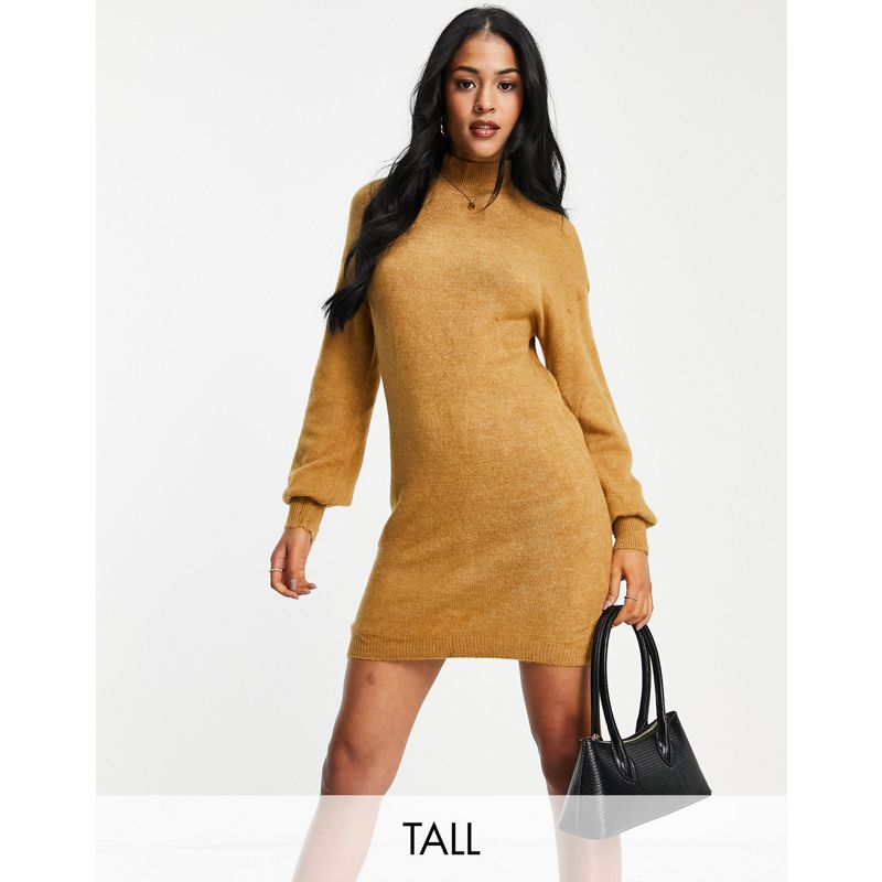 Vero Moda Tall – Hochgeschlossenes Pulloverkleid in Camel