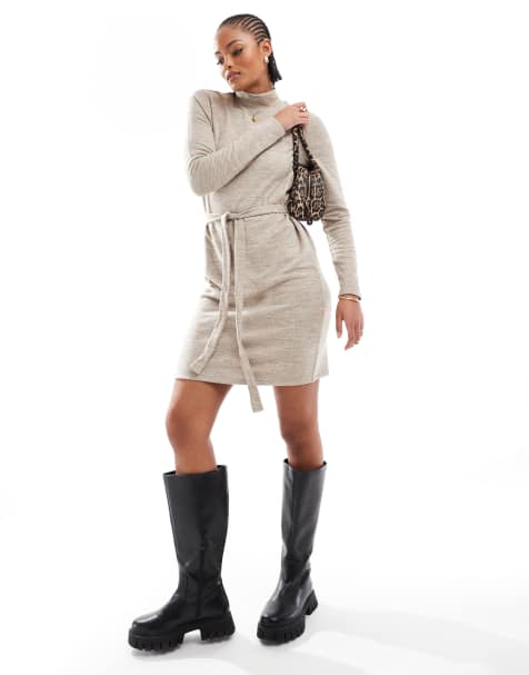 Vero Moda Tall – Hochgeschlossenes Strick-Minikleid in Stein mit Bindebund - view 1