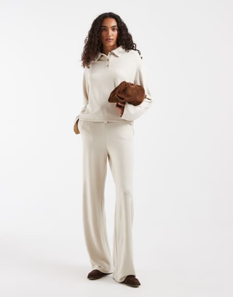 Vero Moda Tall jogger coordinato a gamba larga con vita annodata, super morbido, color crema - view 1