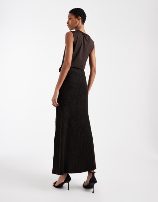 Vero Moda Tall - Jupe mi-longue en maille côtelée boutonnée sur le côté - Chocolat chiné, 3 de 5